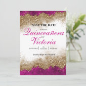 Luxe Elegante Fuchsia Hot Pink & Gold Quinceañera Save The Date (Staand voorkant)