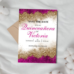 Luxe Elegante Fuchsia Hot Pink & Gold Quinceañera Save The Date
