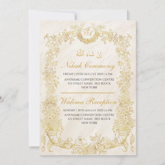 Luxe Elegante Gouden Bloemen Lijst Moslim bruiloft Kaart (Achterkant)