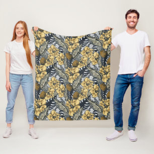 Luxe Elegante Gouden en Zwarte Tropische Bloemen Fleece Deken