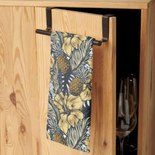 Luxe Elegante Gouden en Zwarte Tropische Bloemen Theedoek