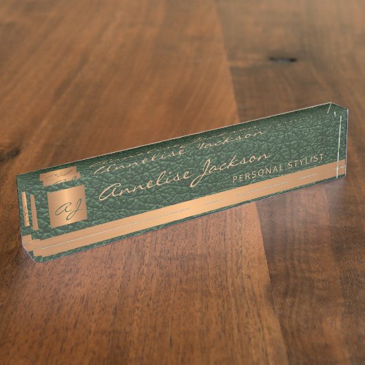 Luxe elegante groene lederen gouden monogrammed naambordje (Zijkant)