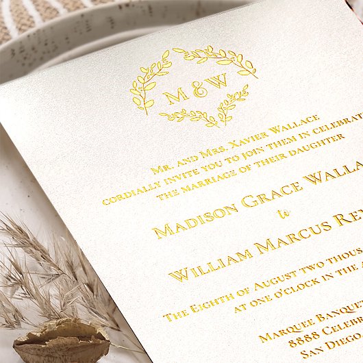Luxe Elegante Krans Monogram Wit Goud Bruiloft Folie Uitnodiging