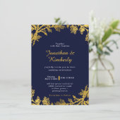 Luxe Elegante Marine & Gouden Bloemige Trouw Kaart (Staand voorkant)