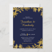 Luxe Elegante Marine & Gouden Bloemige Trouw Kaart (Voorkant)