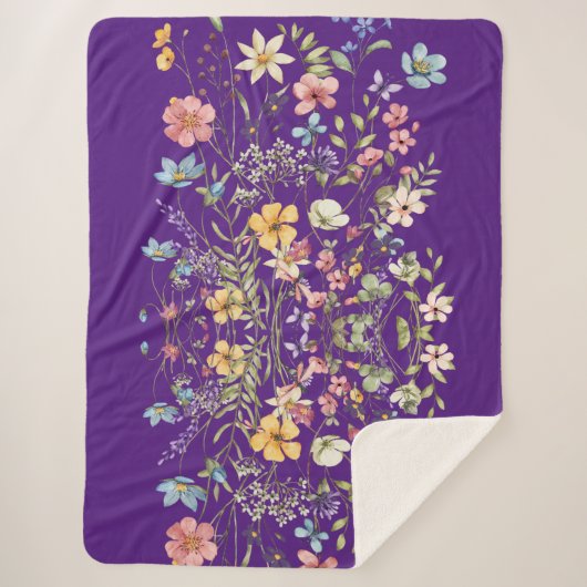 Luxe Elegante Paarse Bloem Sherpa Deken (Voorkant)