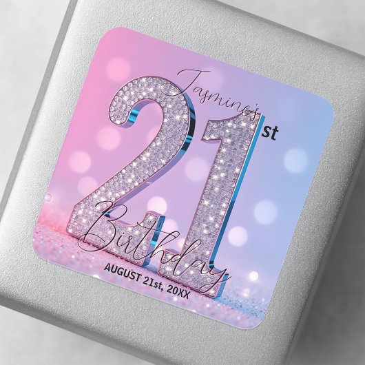 Luxe Elegante Roze Diamanten 21e Verjaardag Vierkante Sticker