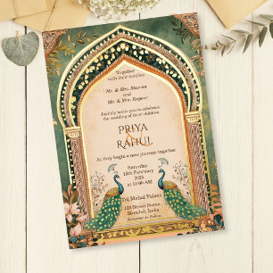 Luxe Elegante Vintage Gouden Pauw Indiase Trouwdag Folie Uitnodiging