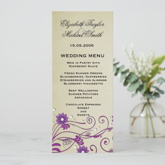 Luxe Elegante  wervelingen Bloemenbruiloft Menu (Staand voorkant)