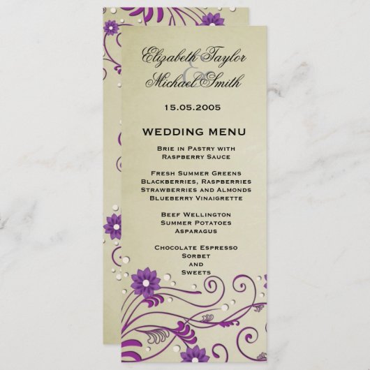 Luxe Elegante  wervelingen Bloemenbruiloft Menu (Voorkant / Achterkant)