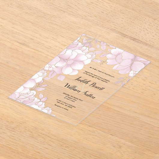 Luxe elegante wit goud roze bloemen bruiloft acryl uitnodigingen (Laagn)