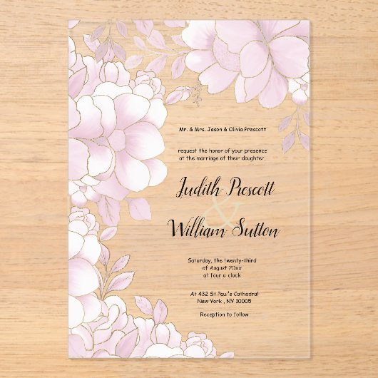 Luxe elegante wit goud roze bloemen bruiloft acryl uitnodigingen (Voorkant)