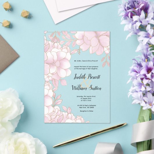 Luxe elegante wit goud roze bloemen bruiloft acryl uitnodigingen (Insitu (Huwelijk))