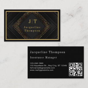 Luxe elegante zwarte leer gouden monogram qr-code visitekaartje