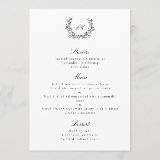 Luxe Elegante Zwarte & Witte Botanische Krans Menu (Voorkant)
