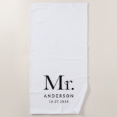 Luxe Elegantie Zwart-wit Mister Trouwdatum Strandlaken (Voorkant)