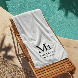 Luxe Elegantie Zwart-wit Mister Trouwdatum Strandlaken