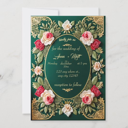 Luxe Emerald Green bruiloft uitnodiging met Fl (Voorkant)