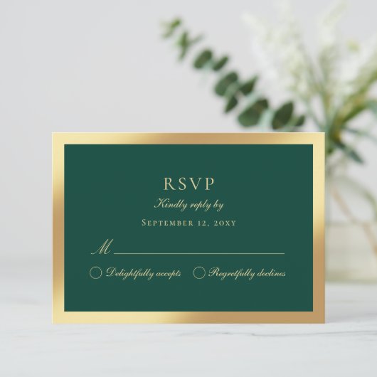 Luxe Emerald Green Classic Faux Gold RSVP-kaart RSVP Kaartje (Staand voorkant)