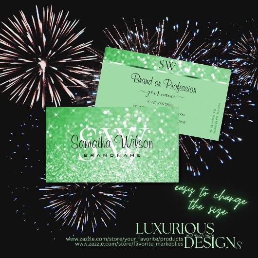 Luxe Emerald Green Glitter Sterren en Monogram Vierkante Visitekaartje