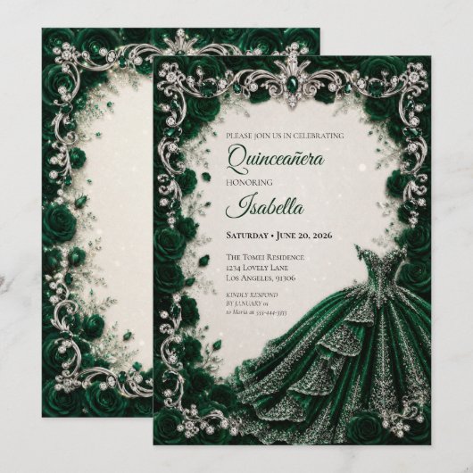 Luxe Emerald Princess Quinceañera Uitnodiging (Voorkant / Achterkant)