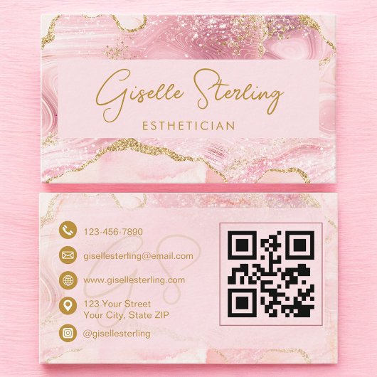 Luxe Esthetician Blush Pink Gold Agate QR Code Visitekaartje