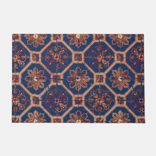 Luxe etnisch teile Patroon | Blauw en Sinaasappel Deurmat (Voorkant)