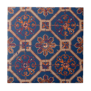 Luxe Etnische Tile Patroon  Blauw en Sinaasappel Tegeltje