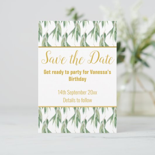 LUXE EUCALYPTUS PATROON BEWAREN DE DATUM RSVP KAAR (Staand voorkant)