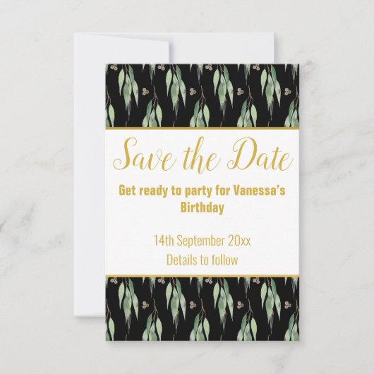 LUXE EUCALYPTUS PATROON ZWART SAVE THE DATE RSVP  (Voorkant)