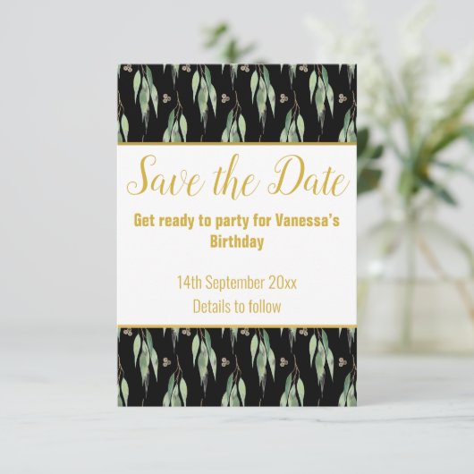 LUXE EUCALYPTUS PATROON ZWART SAVE THE DATE RSVP  (Staand voorkant)