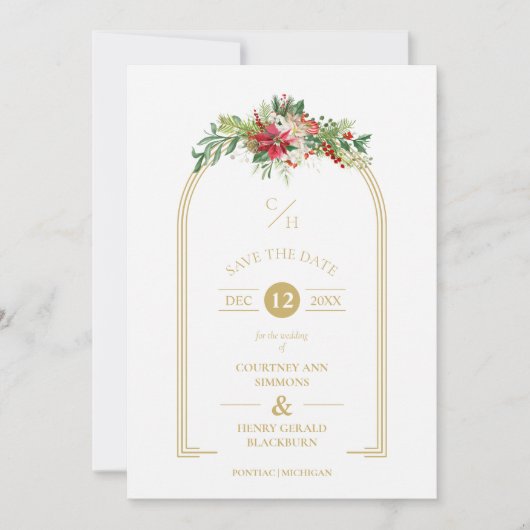 Luxe Fancy Initialen Arch Floral kerstfoto Save The Date (Voorkant)