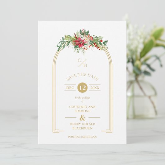 Luxe Fancy Initialen Arch Floral kerstfoto Save The Date (Staand voorkant)