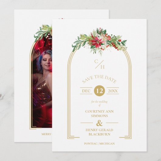 Luxe Fancy Initialen Arch Floral kerstfoto Save The Date (Voorkant / Achterkant)