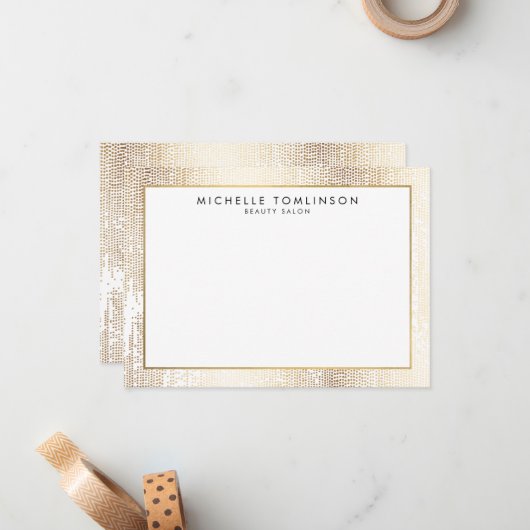 Luxe Faux Gold Confetti Rain Pattern Flat Notecard Notitiekaartje (Voorkant / Achterkant in situ)