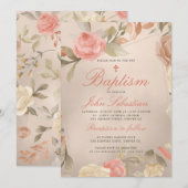 Luxe Faux Gold Folie Perzik Crème Bloemen Doop Kaart (Voorkant / Achterkant)