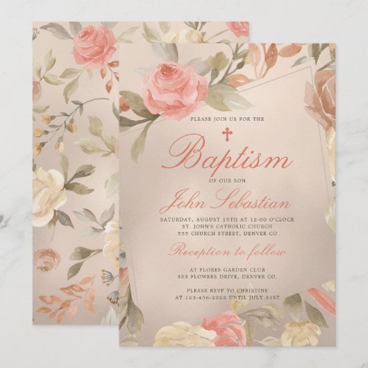 Luxe Faux Gold Folie Perzik Crème Bloemen Doop Kaart (Voorkant / Achterkant)