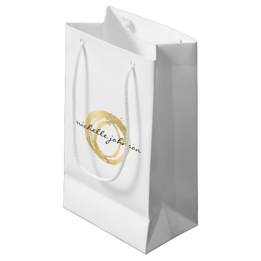 Luxe Faux Gold Painted Circle Designer Logo Klein Cadeauzakje (Voorkant Gekanteld)