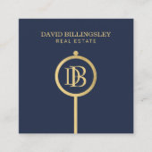 Luxe Faux Gold Skelet Key Monogram Realtor Blauw Vierkante Visitekaartje (Voorkant)