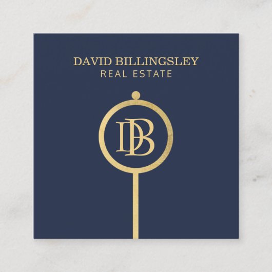 Luxe Faux Gold Skelet Key Monogram Realtor Blauw Vierkante Visitekaartje (Voorkant)