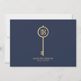 Luxe Faux Gold Skeleton Key Monogram Marine Notitiekaartje