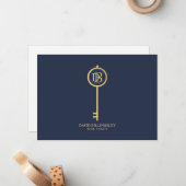 Luxe Faux Gold Skeleton Key Monogram Marine Notitiekaartje (Voorkant / Achterkant in situ)