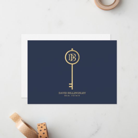 Luxe Faux Gold Skeleton Key Monogram Marine Notitiekaartje (Voorkant / Achterkant in situ)