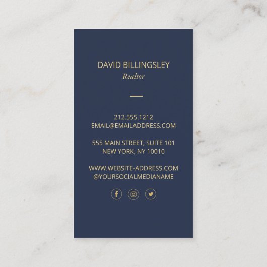 Luxe Faux Gold Skeleton Key Monogram Realtor Navy Visitekaartje (Achterkant)