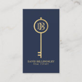 Luxe Faux Gold Skeleton Key Monogram Realtor Navy Visitekaartje (Voorkant)