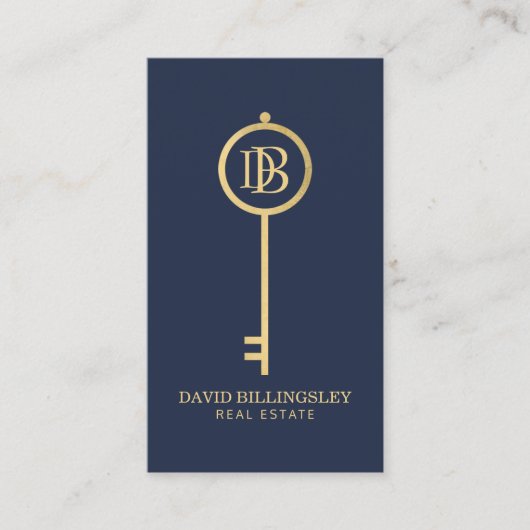 Luxe Faux Gold Skeleton Key Monogram Realtor Navy Visitekaartje (Voorkant)