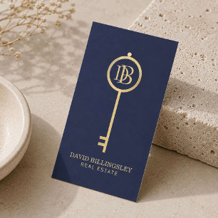 Luxe Faux Gold Skeleton Key Monogram Realtor Navy Visitekaartje