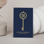 Luxe Faux Gold Skeleton Key Monogram Realtor Navy Visitekaartje