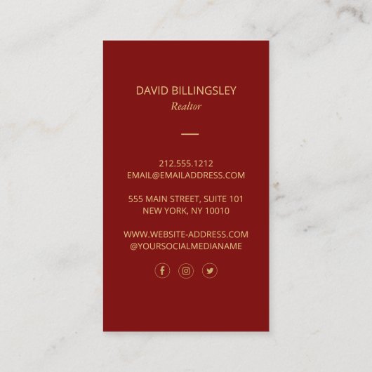 Luxe Faux Gold Skeleton Key Monogram Realtor Rood Visitekaartje (Achterkant)