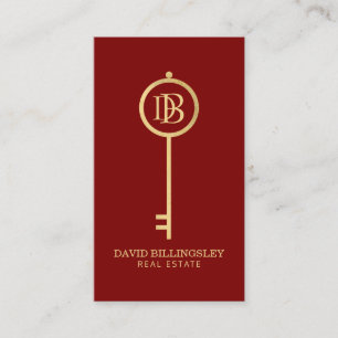 Luxe Faux Gold Skeleton Key Monogram Realtor Rood Visitekaartje
